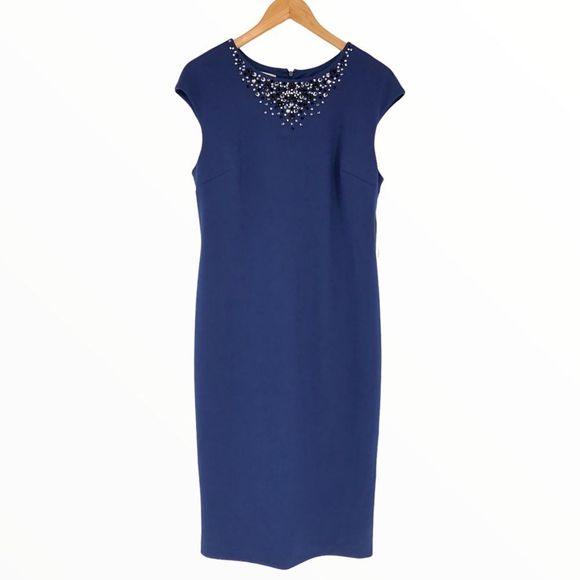 Maggy London Evening Blue Cap Sleeve Rhinestone Neckline Sheath Dress NWT 14 - Picture 1 of 14